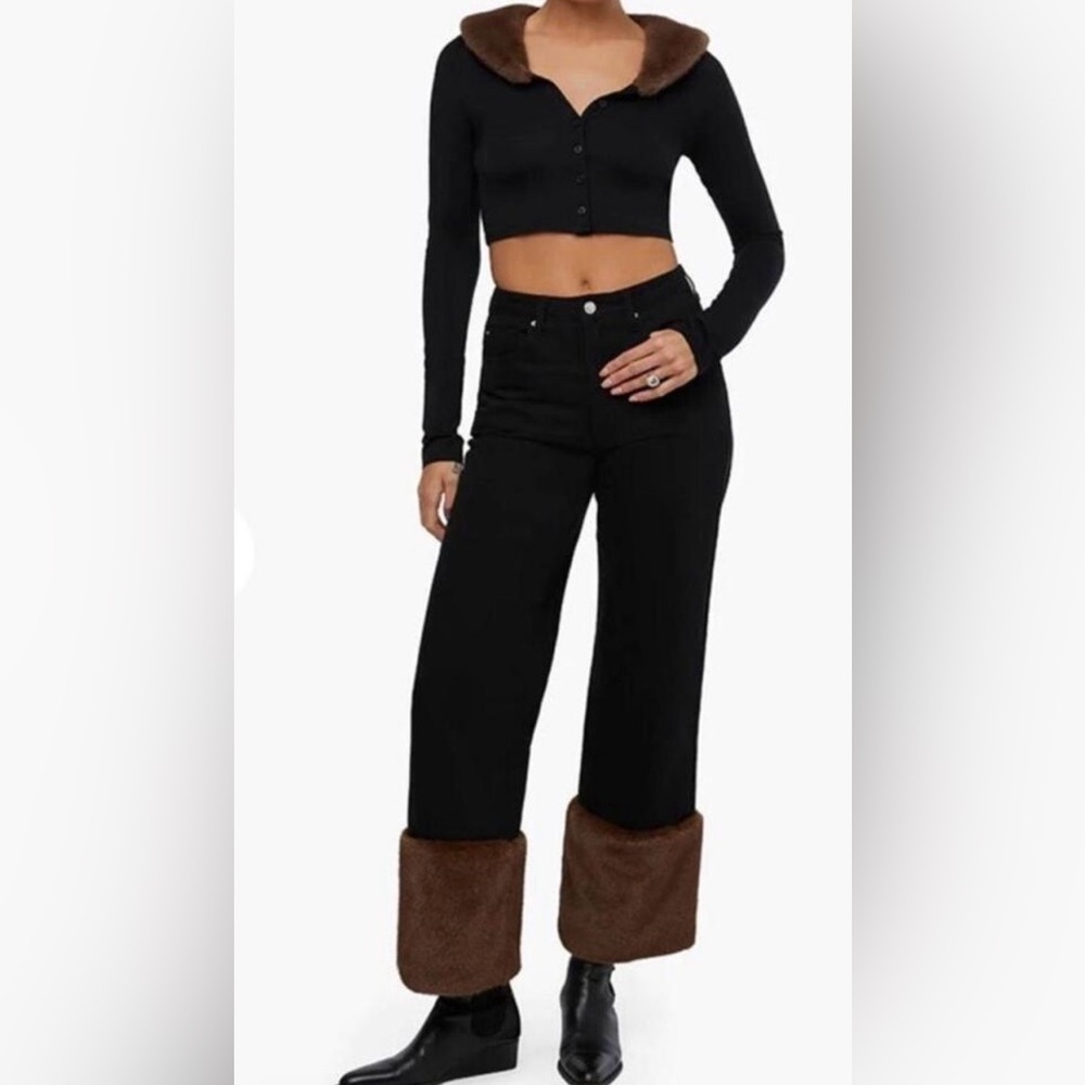 Black Faux Fur Collar Trim Cardigan and Denim Set NWT Y2K Aspen Après Ski Winter